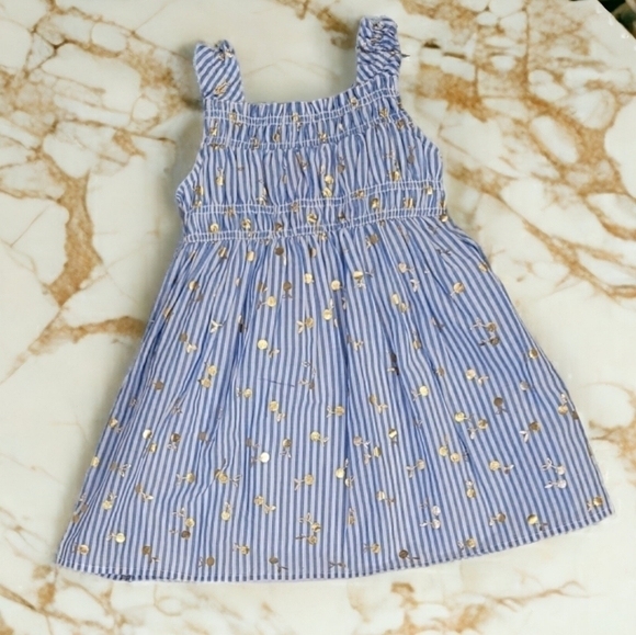 Isaac Mizrahi Blue And White Stripe Sun Dress With Gold Cherries - Size 2T - Picture 2 of 6